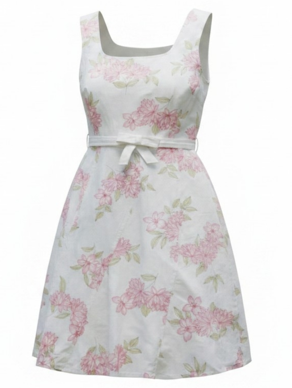 ADRIANNA PAPELL | Floral Pink‎ White Fit Flare Square Neck Belted Sundress | 10
